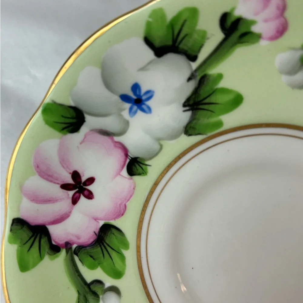 Royal Albert tea cup and saucer England Fine bone china Pink white & apple green